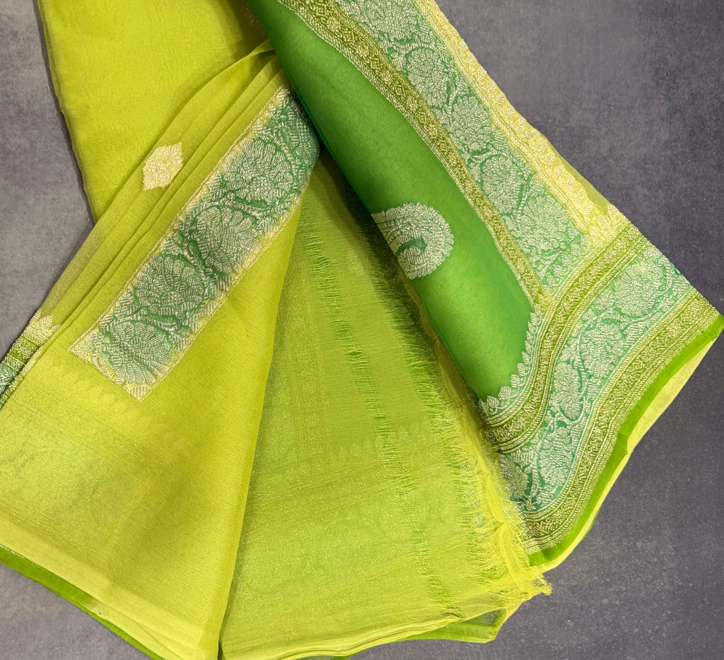 Pastel green 3D Banarasi pure khadi chiffon saree sliver zari saree