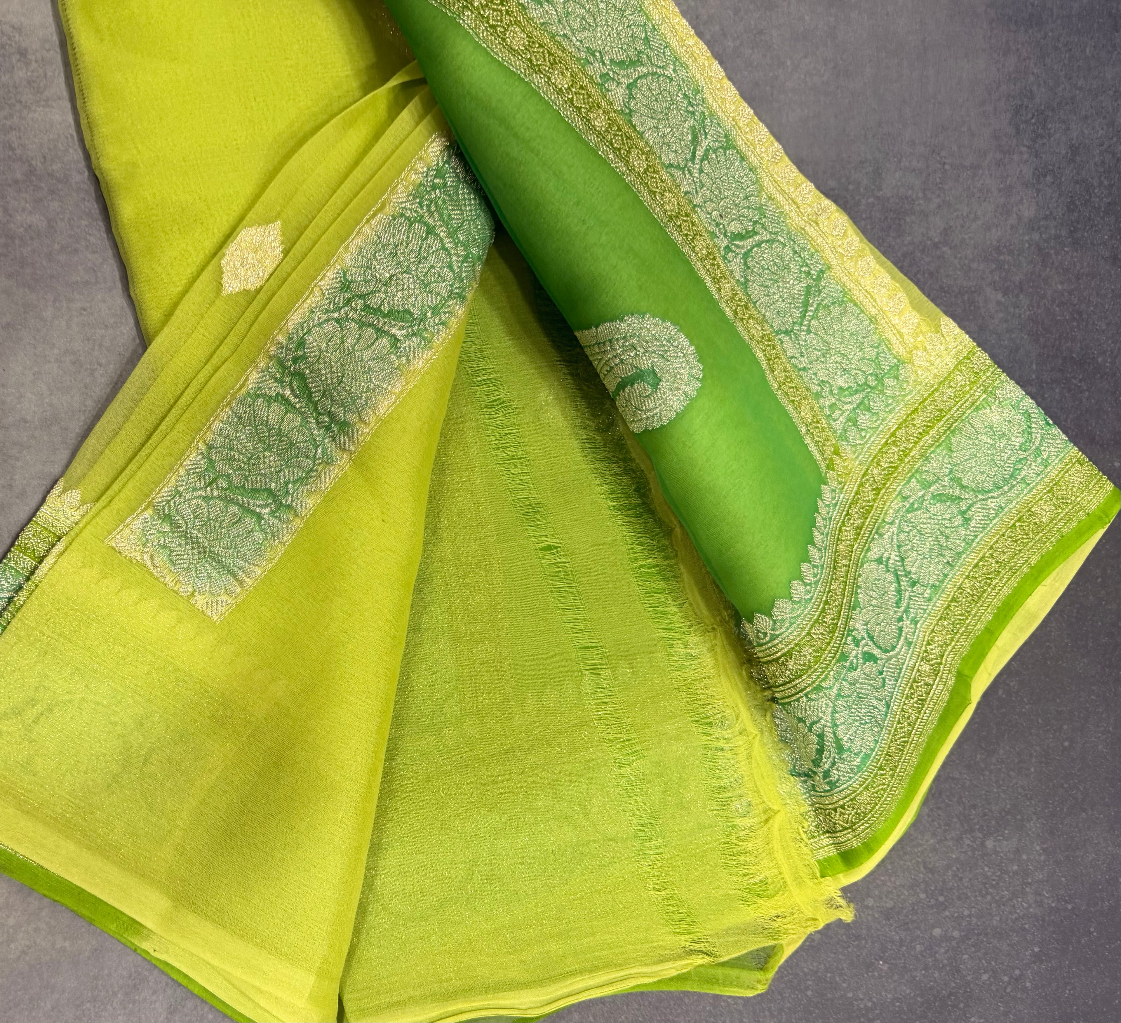 Pastel green 3D Banarasi pure khadi chiffon saree sliver zari saree