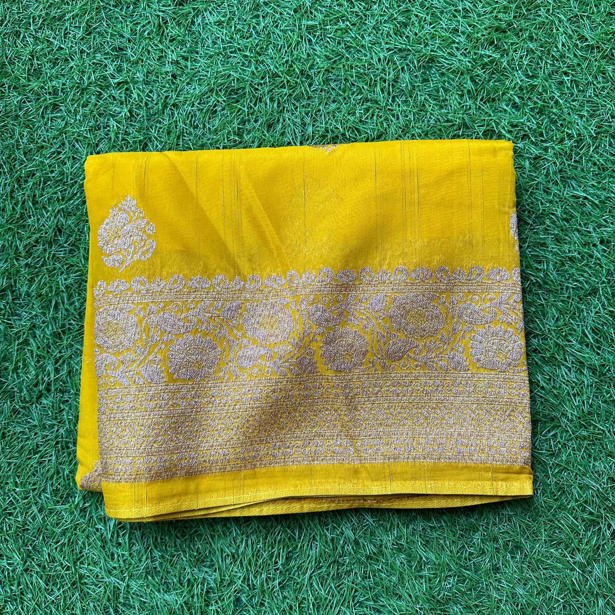 Mustard semi raw silk Banaras.
