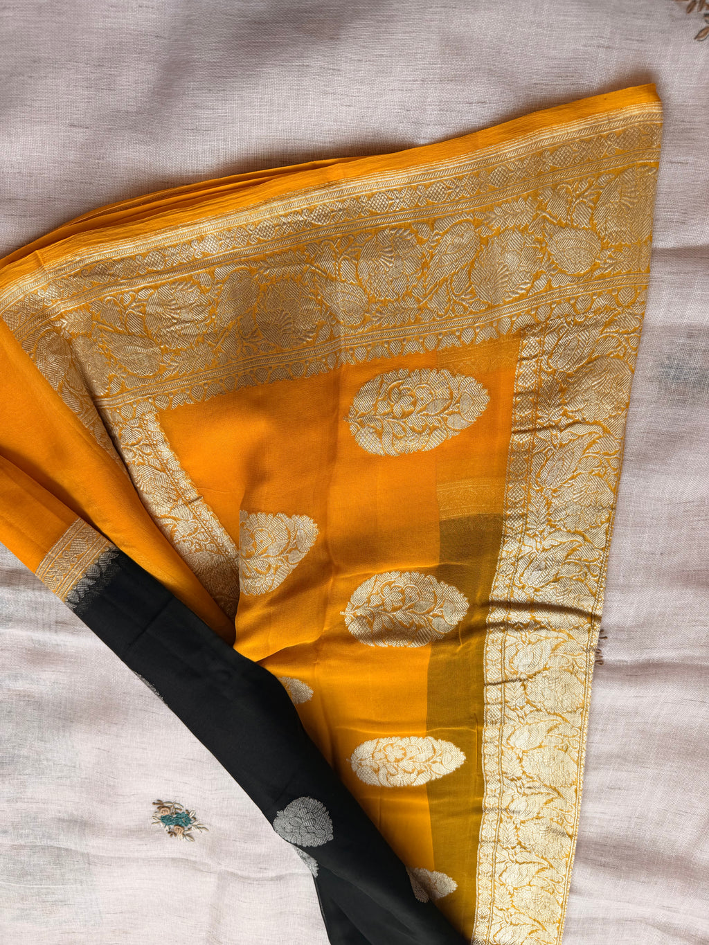 Black double border Banarasi pure khadi chiffon saree sliver zari saree