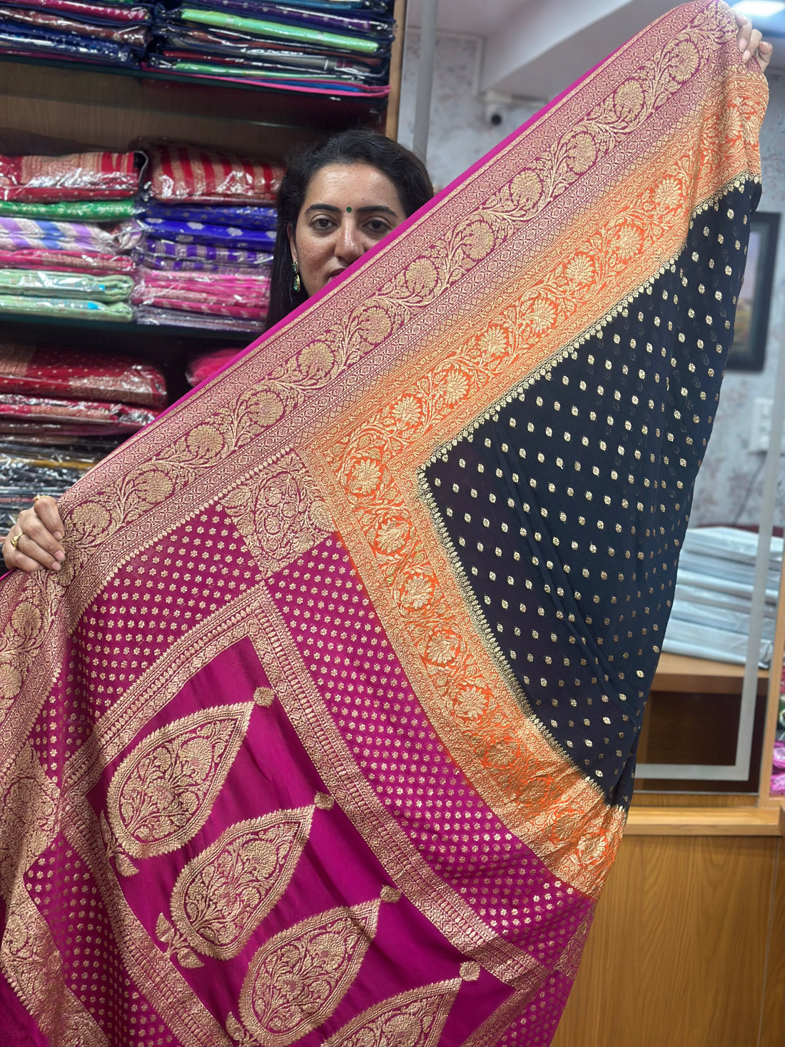 Black and pink pure khaddi Georgette 3D pattern