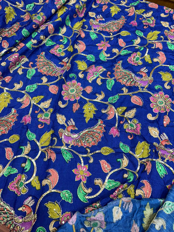 Deep blue Pure crepe kalamkari blouse material 1 mtr