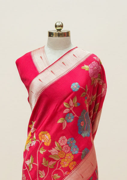 Rani pink Meena work Tussar saree paithani border saree