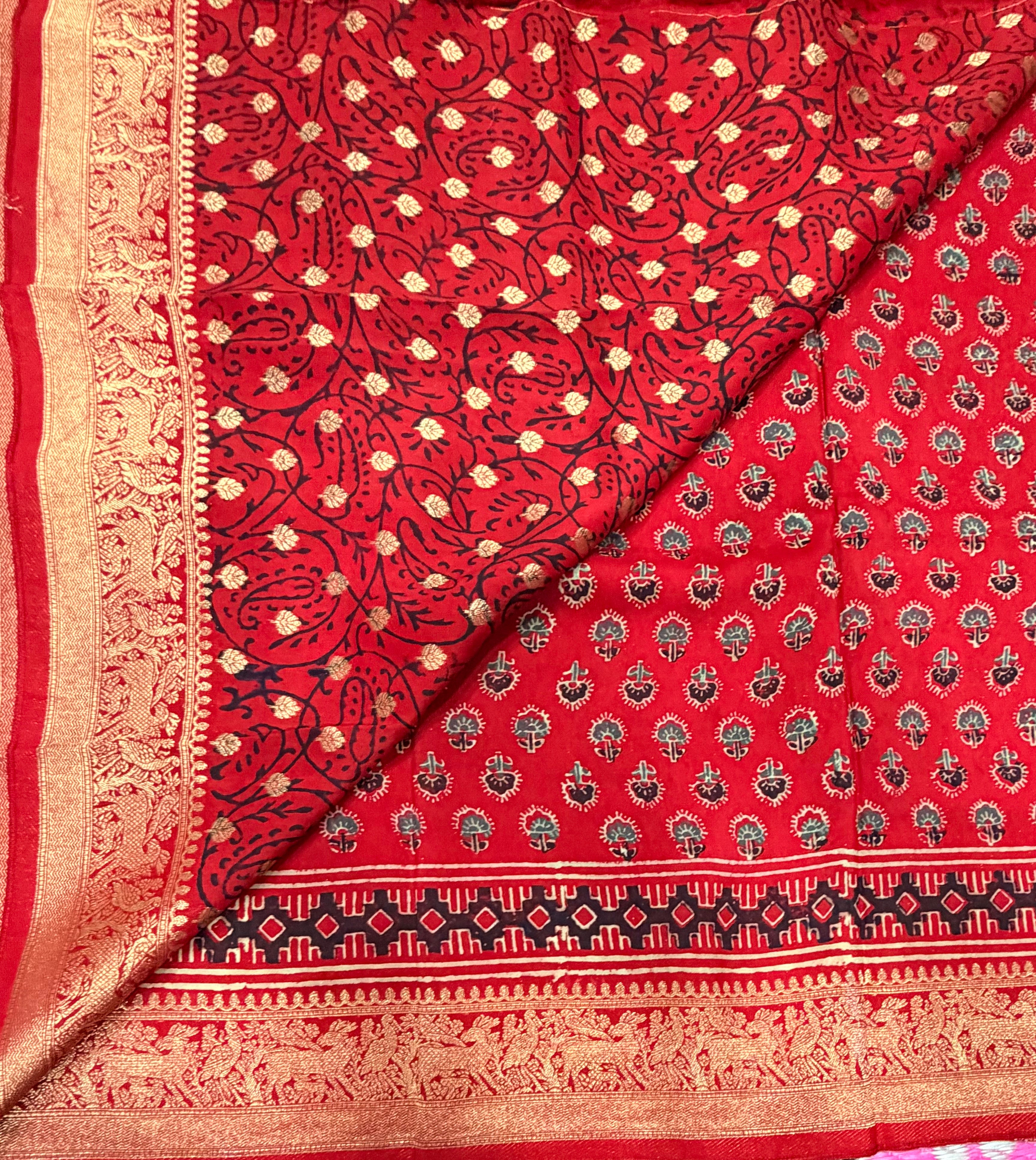 Red small butta Kanchi border pure Ajrak dola sarees