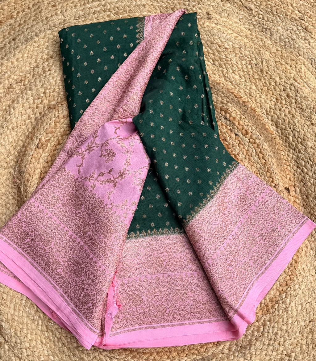 Bottle green n baby pink small butta benarasi crepe saree