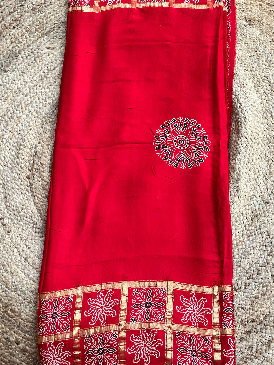 Hot red pure modal silk with Ajrak blouse