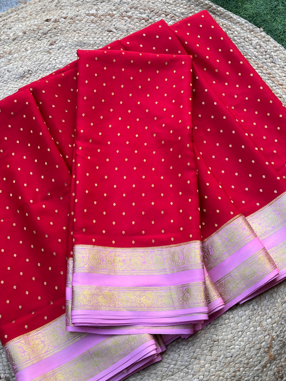 Red and pink pure crepe Mysore Silk sarees with thousands butta concept