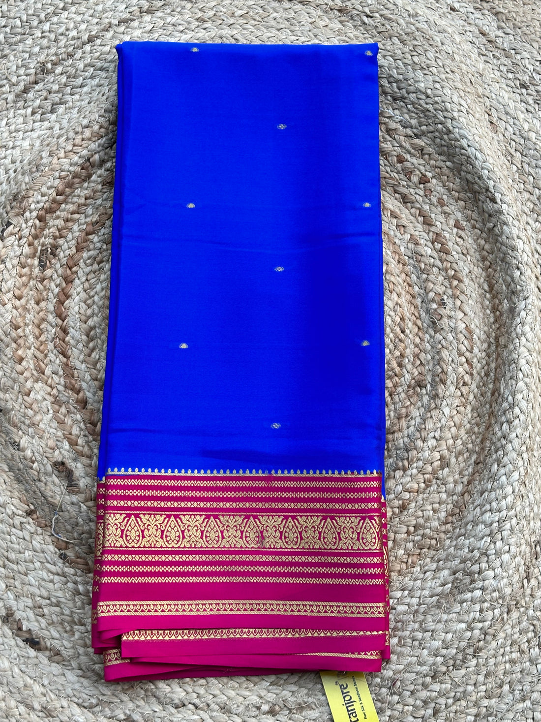 Royal blue with pink pure crepe Mysore Silk sarees 130 gsm