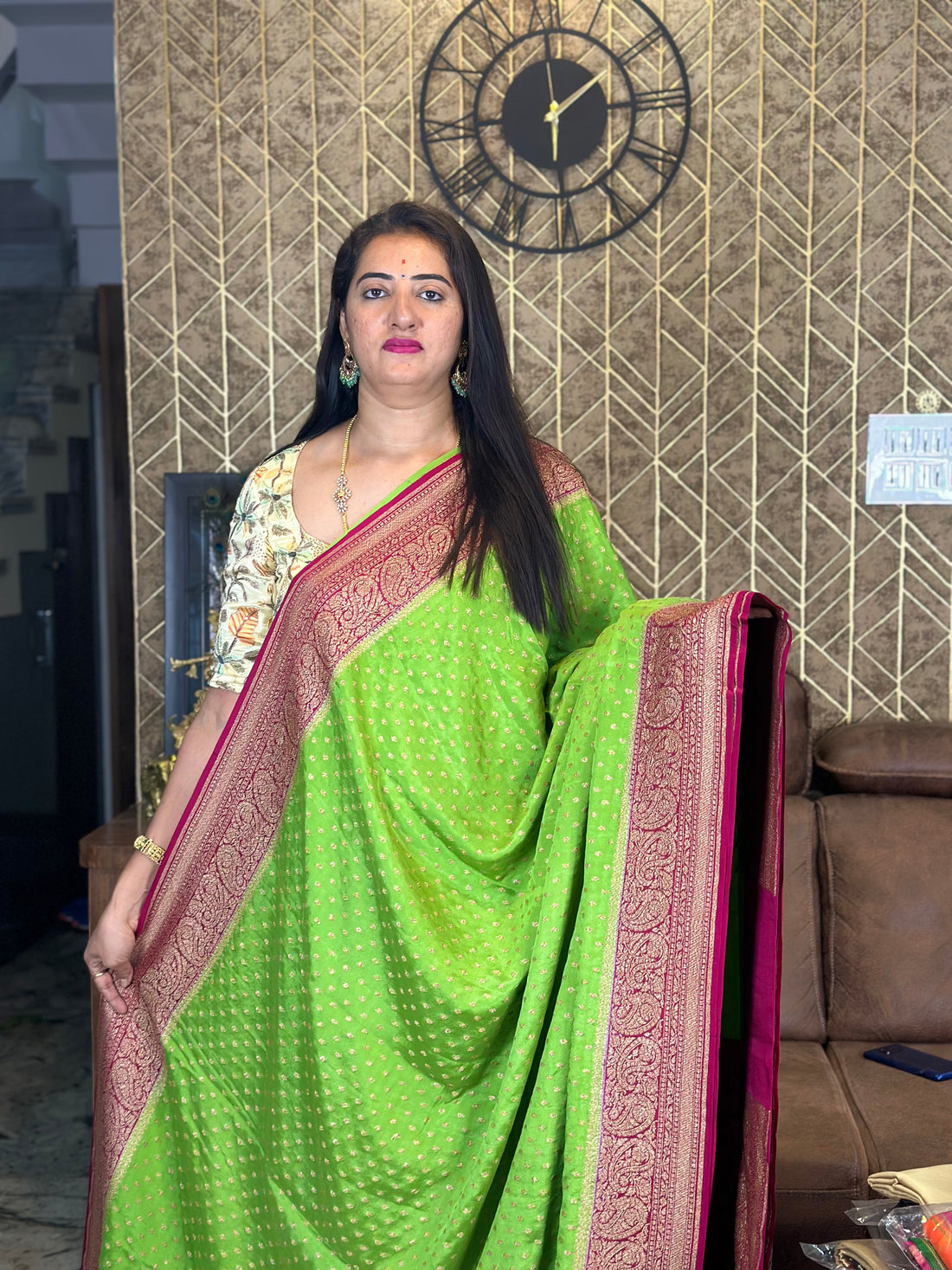 Green and pink pure crepe Banaras silk sarees.