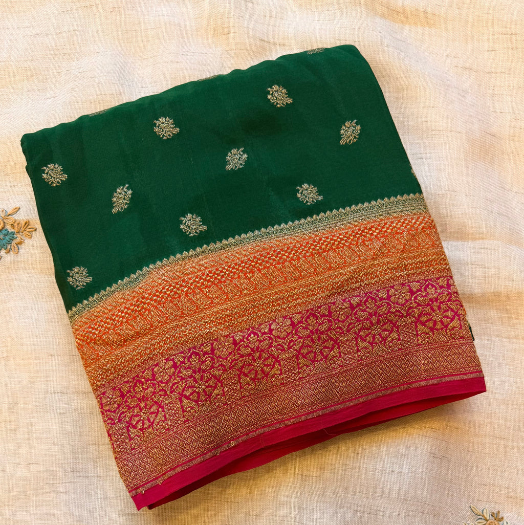 Bottle green 3D pure benarasi crepe silk saree