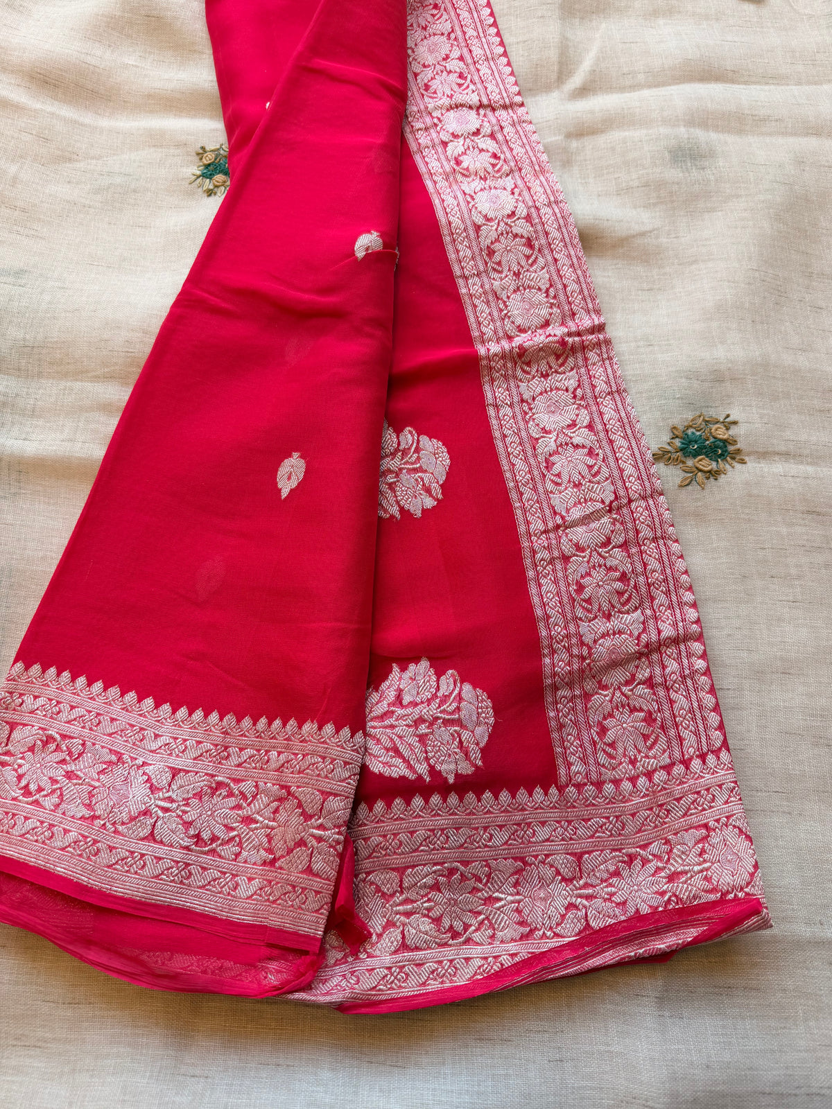Rani pink Banarasi pure khadi chiffon saree sliver zari saree
