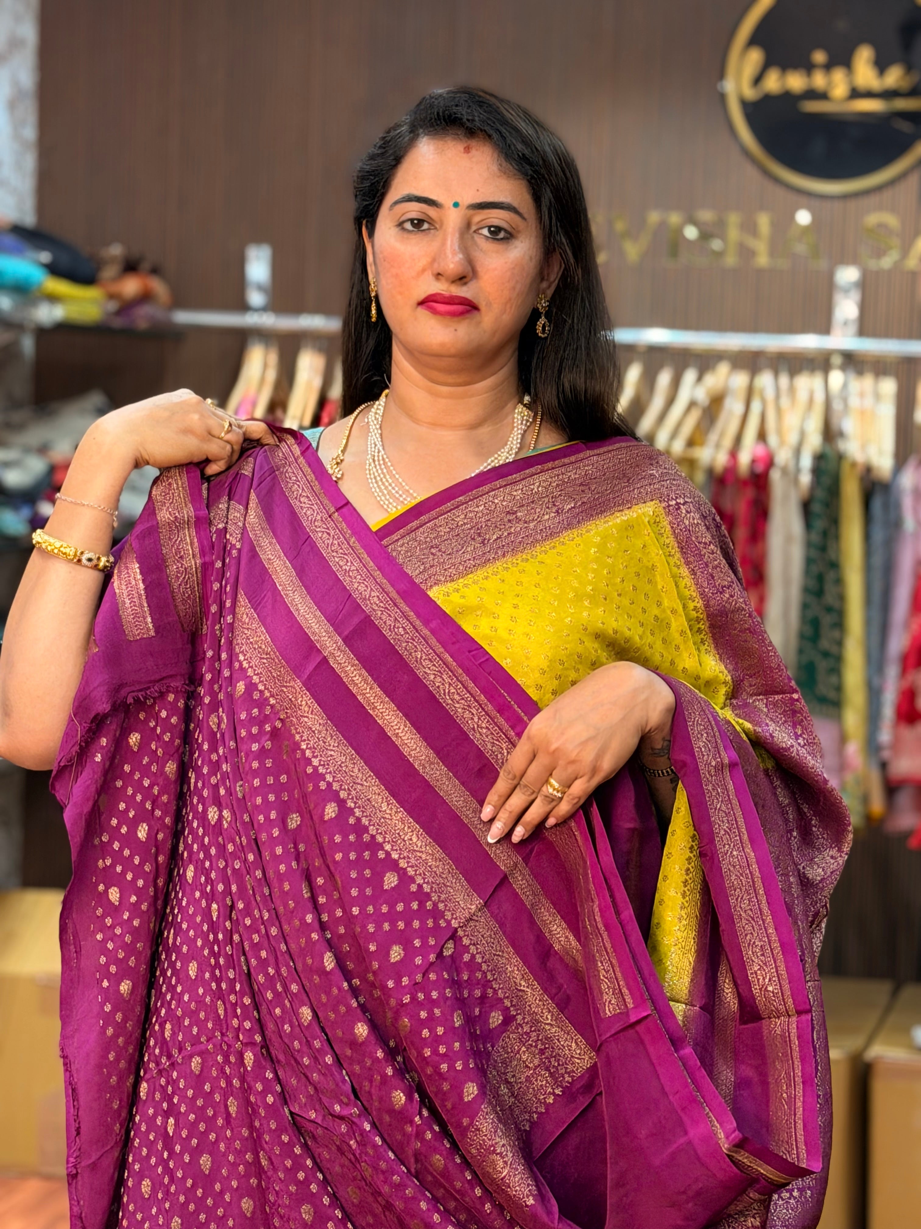 Neon green and magenta pink crepe chiffon Banaras