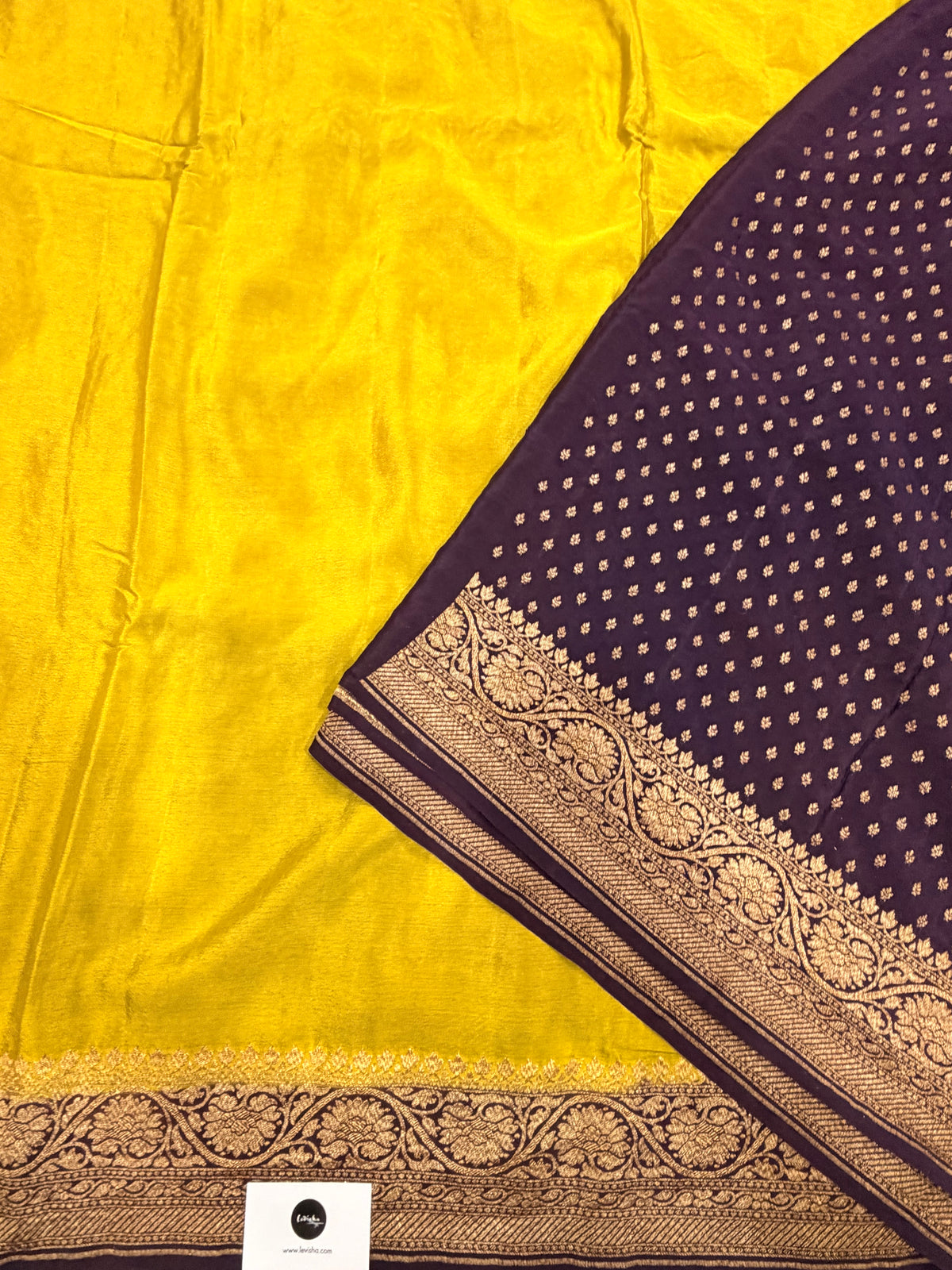 Neon yellow n navy blue partly pallu pure benarasi crepe silk saree