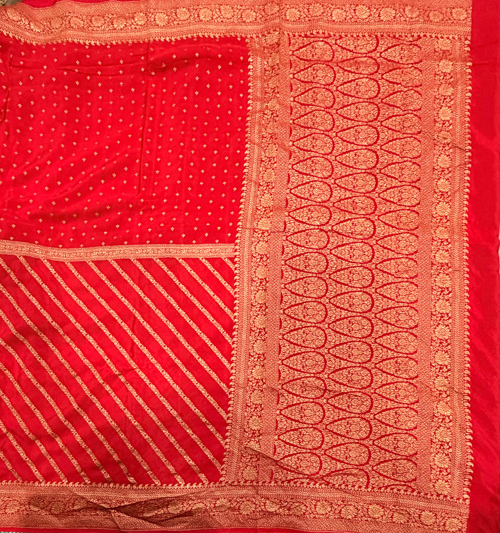 Red zig zag small butta half n half pure benarasi crepe silk saree