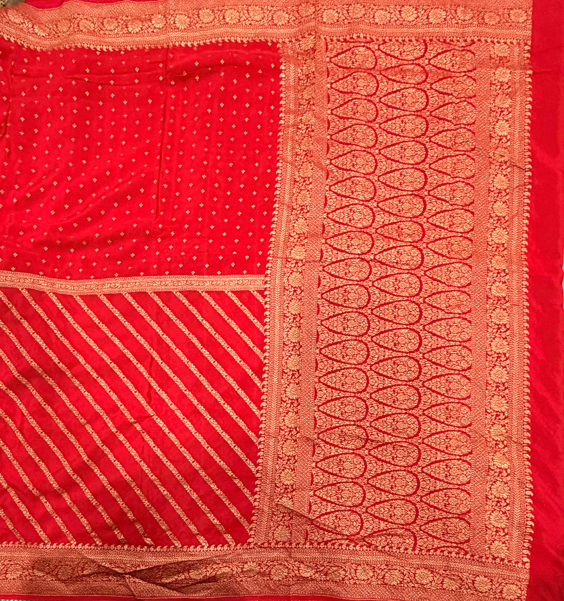 Red zig zag small butta half n half pure benarasi crepe silk saree