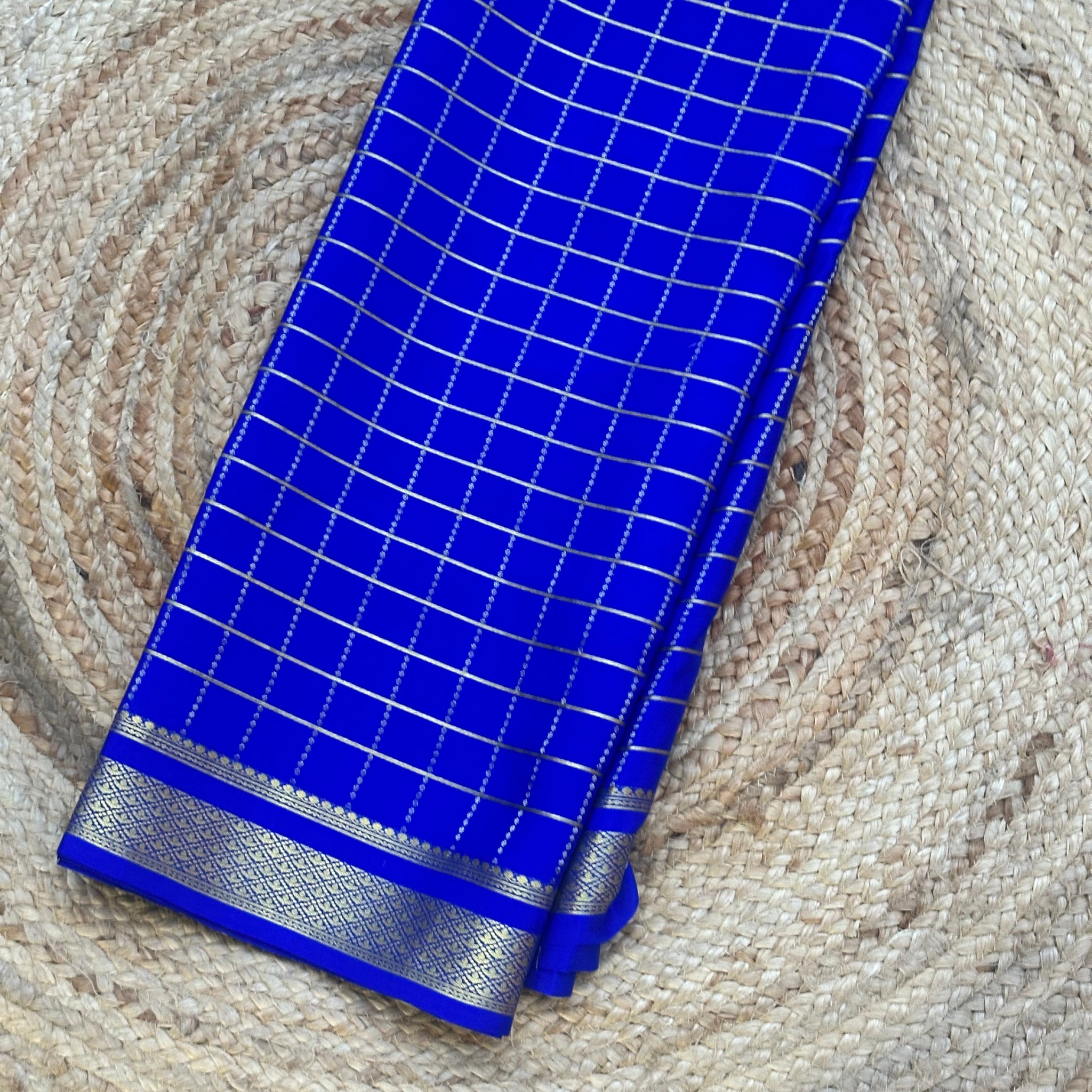 Royal blue checks pure crepe Mysore Silk sarees