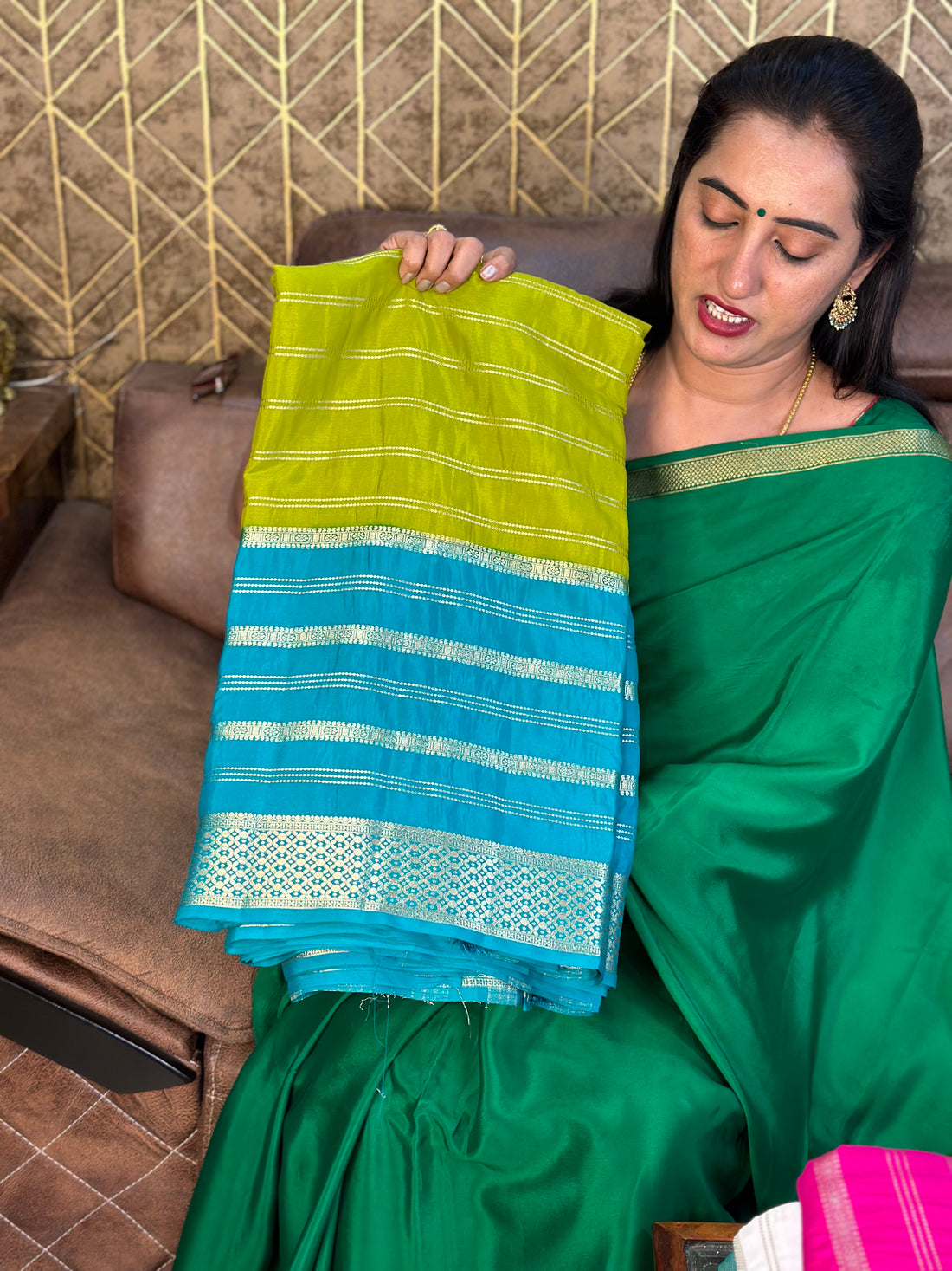 Rama green with mustard semi crepe sarees.