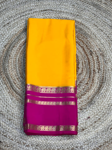 Yellow and pink pure crepe Mysore Silk sarees 120 gsm