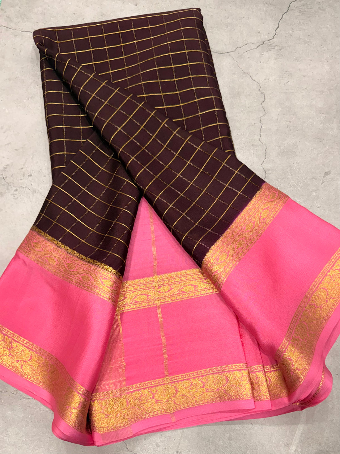 Brown checks n bentex border pure Mysore silk crepe saree