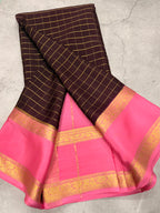 Brown checks n bentex border pure Mysore silk crepe saree
