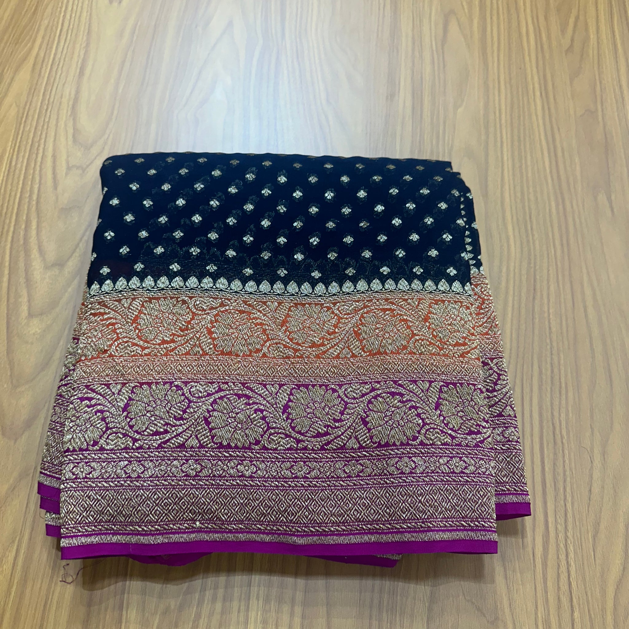 Black pink and red 3D pattern Khadi georgette sarees.