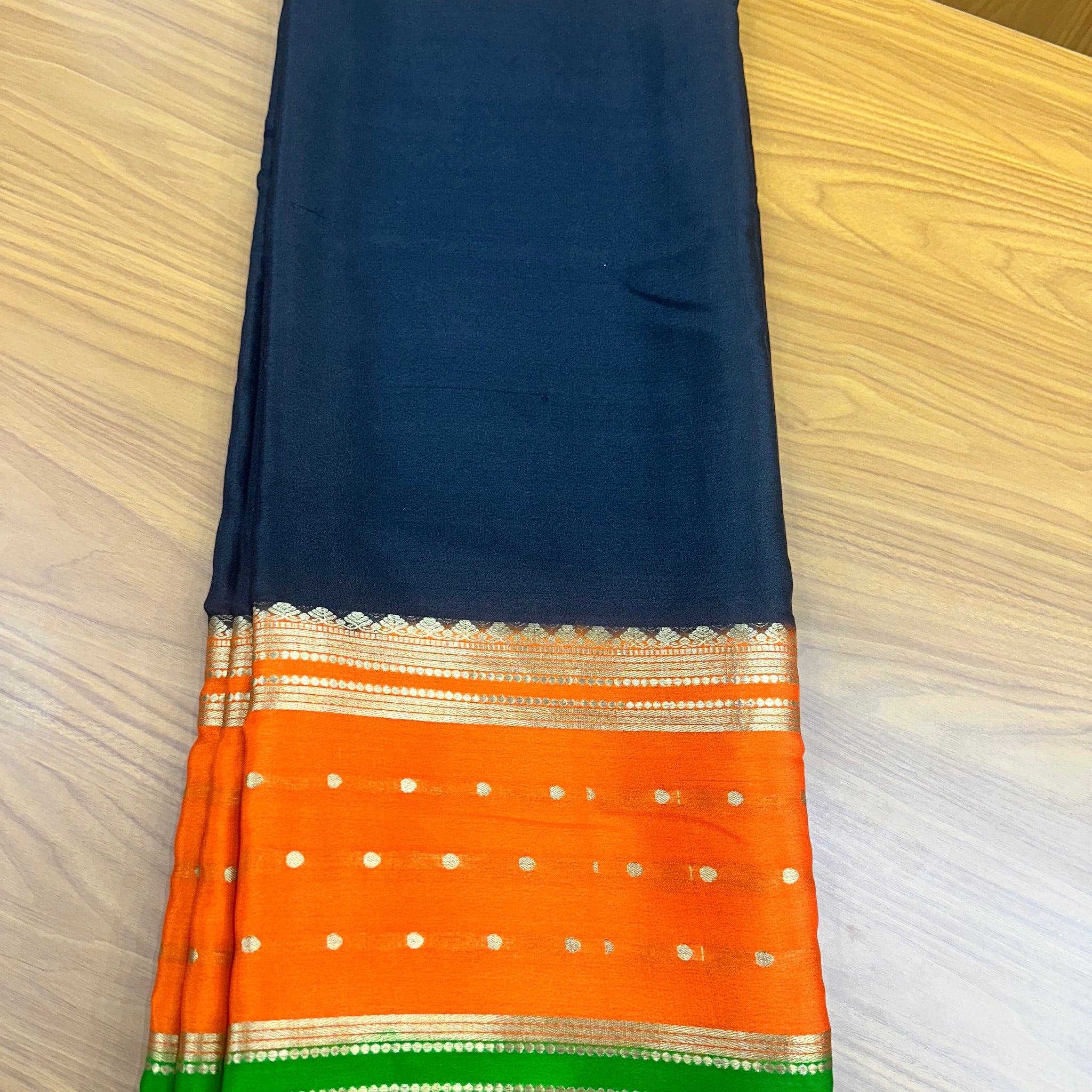 Black and orange pure crepe Mysore Silk 120 gsm