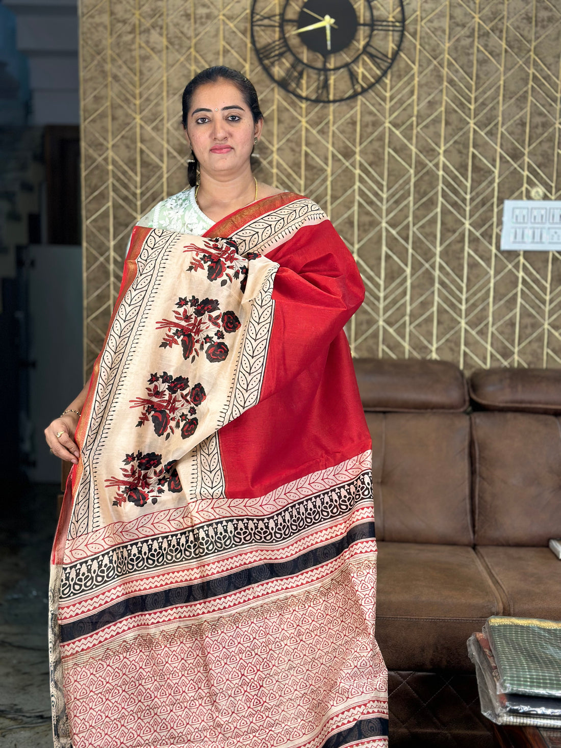 Red and Beige Maheshwari silk.