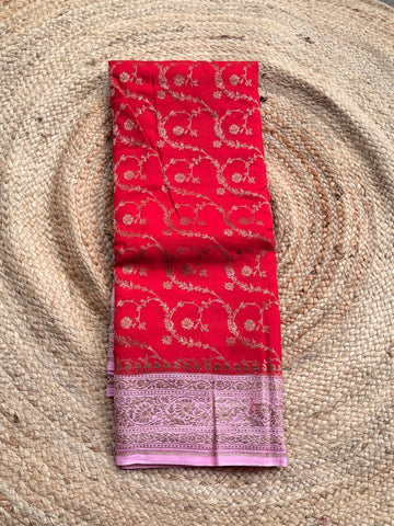 Red and pink Banarasi Crepe Chiffon in Jaal Pattern