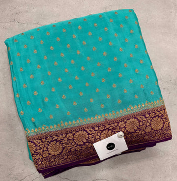 Sky blue n purple pure benarasi crepe silk saree