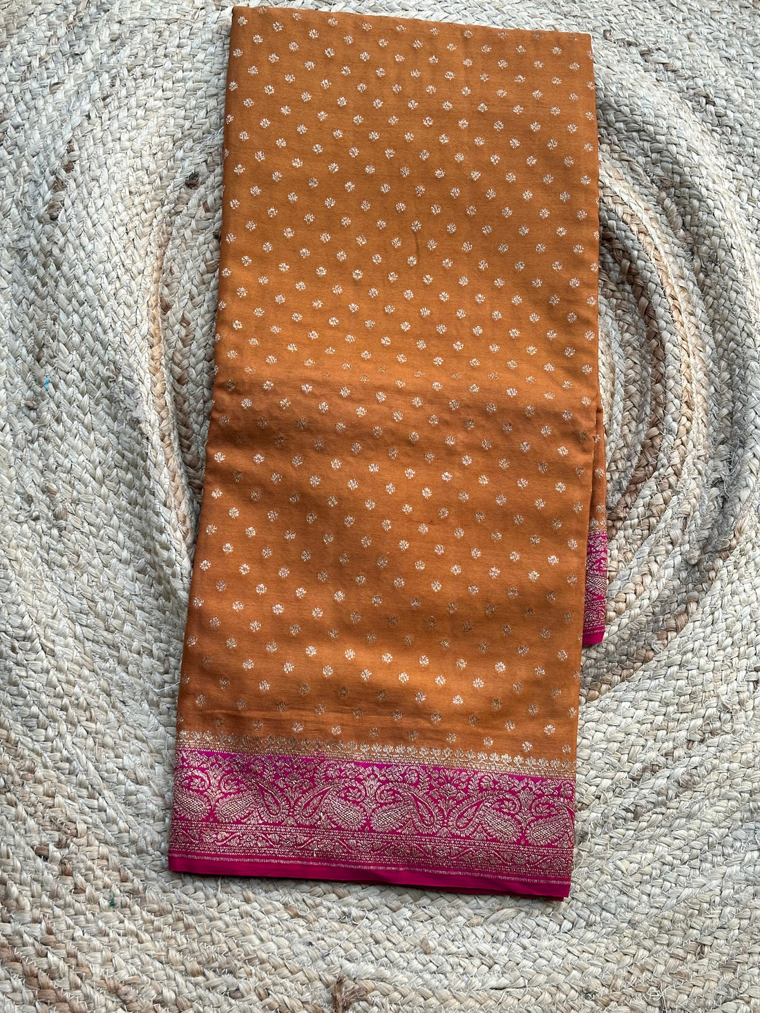 Deep mustard with pink pure crepe Banaras silk sarees