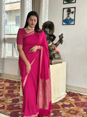 Rani pink pure crepe Banaras with scallops border silk mark certified