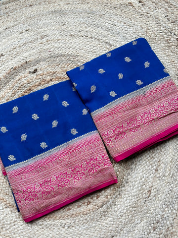Deep blue with pink 2D pure crepe Banaras sarees