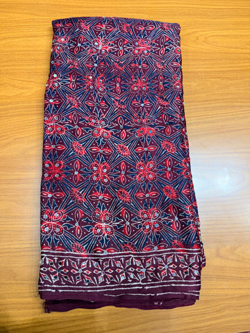 Maroon ajrak mirror work with tissue pallu
