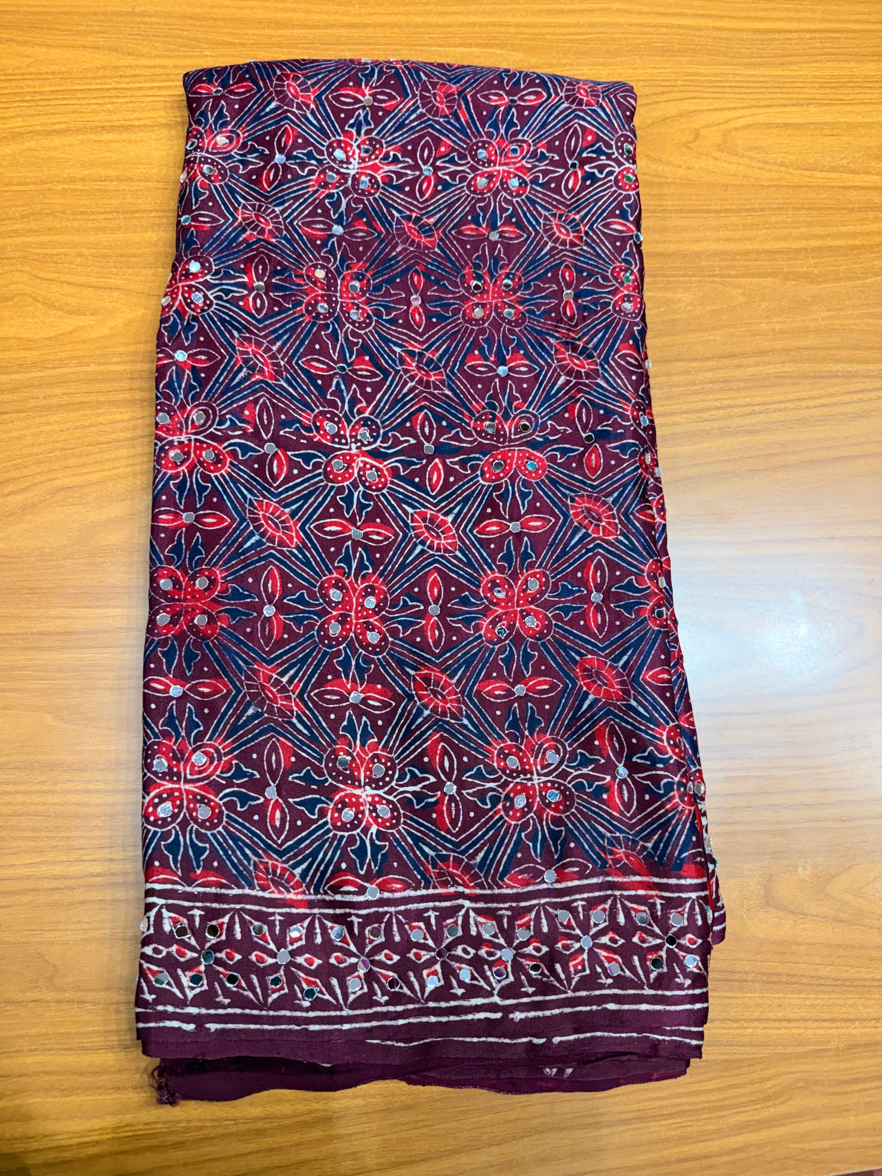 Maroon ajrak mirror work with tissue pallu