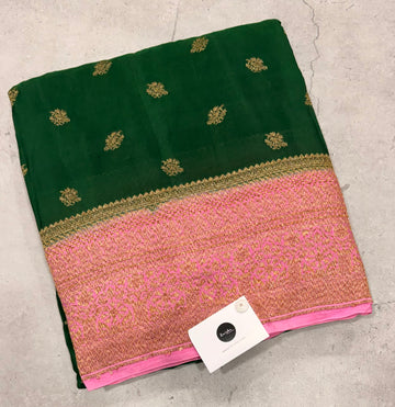 Bottle green pure benarasi crepe silk saree