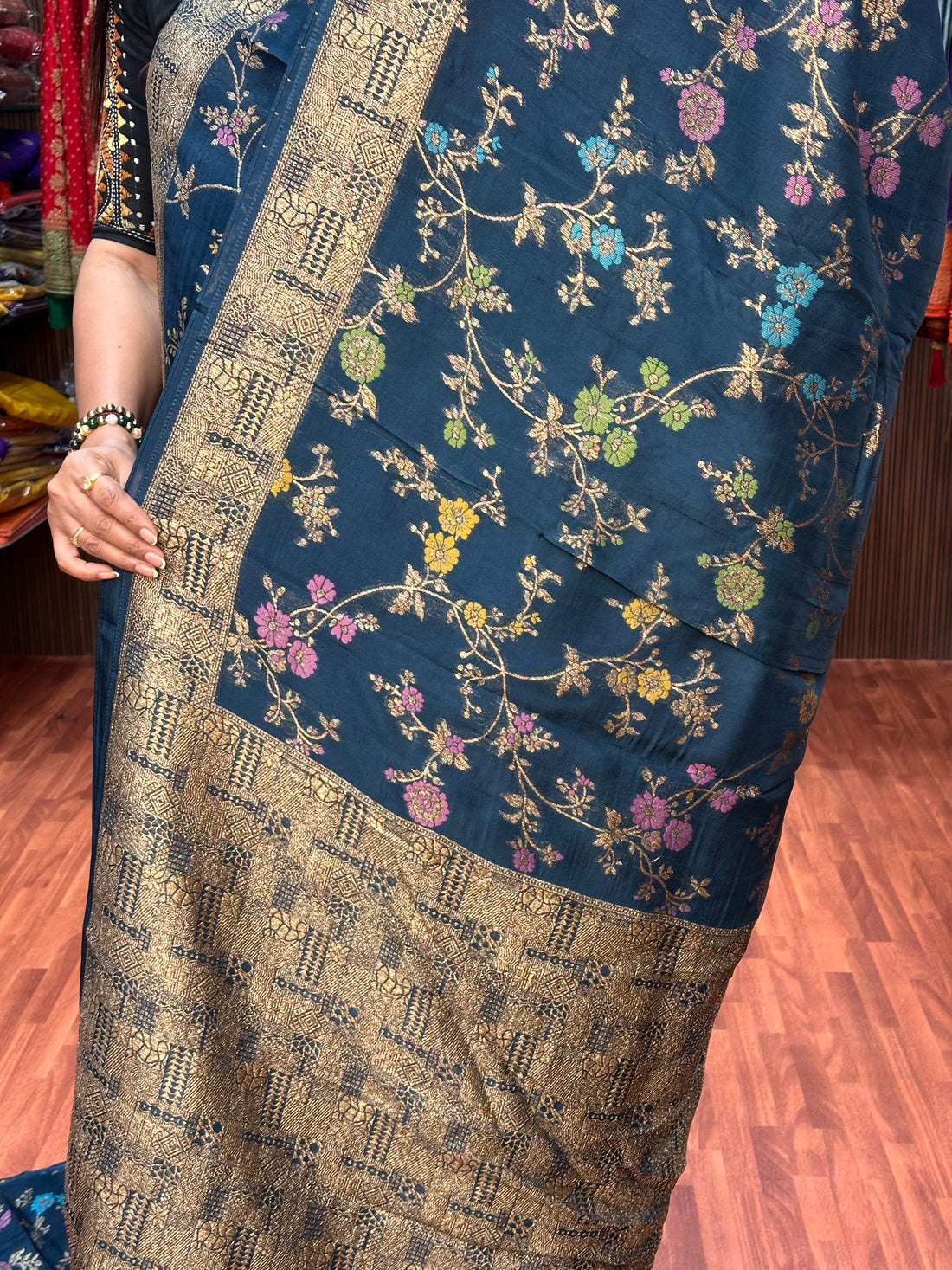Peacock green tusser silk jaal pattern