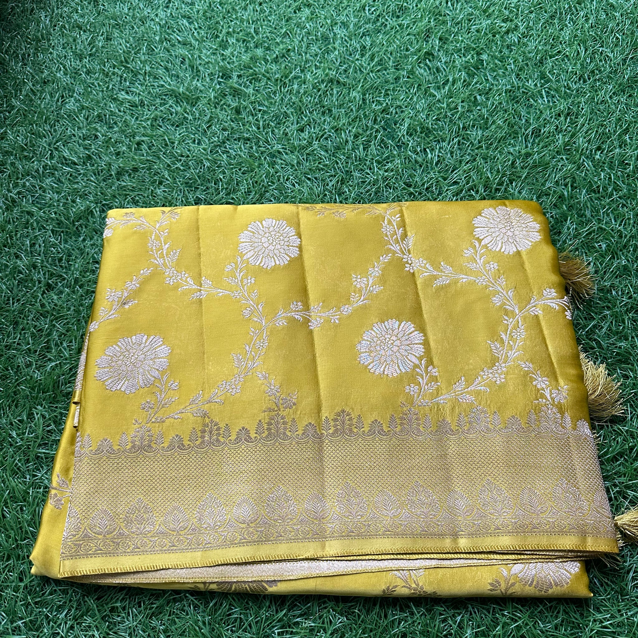 Golden mustard jaal pure satin silk saree.