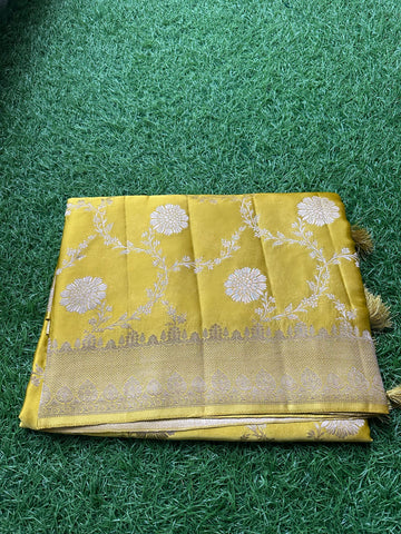 Golden mustard jaal pure satin silk saree.