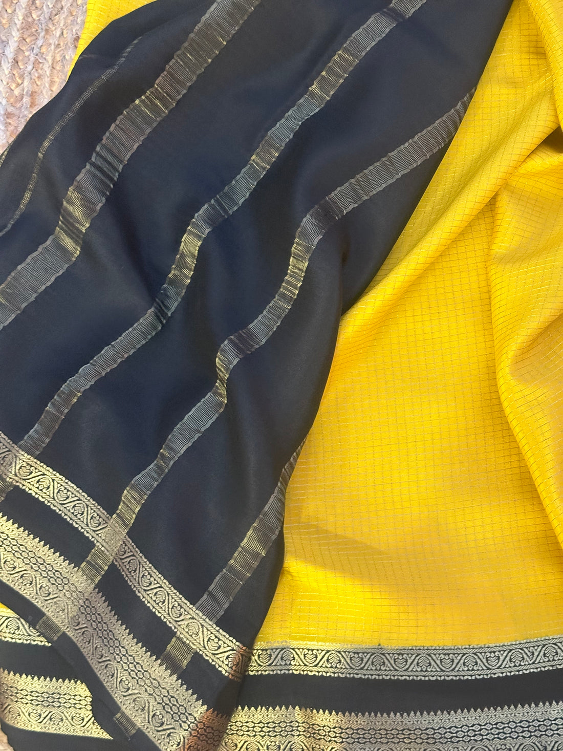 Yellow and black checks pure crepe Mysore Silk sarees 120 gsm