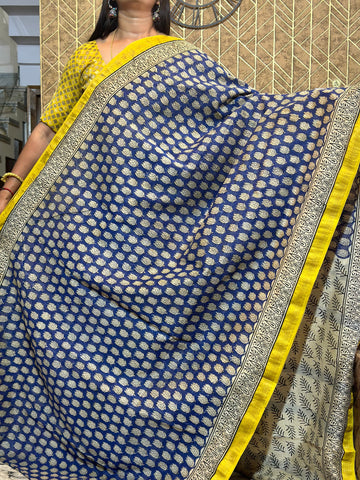 Sona Pure Hand-block Printed Maheshwari Silk Saree