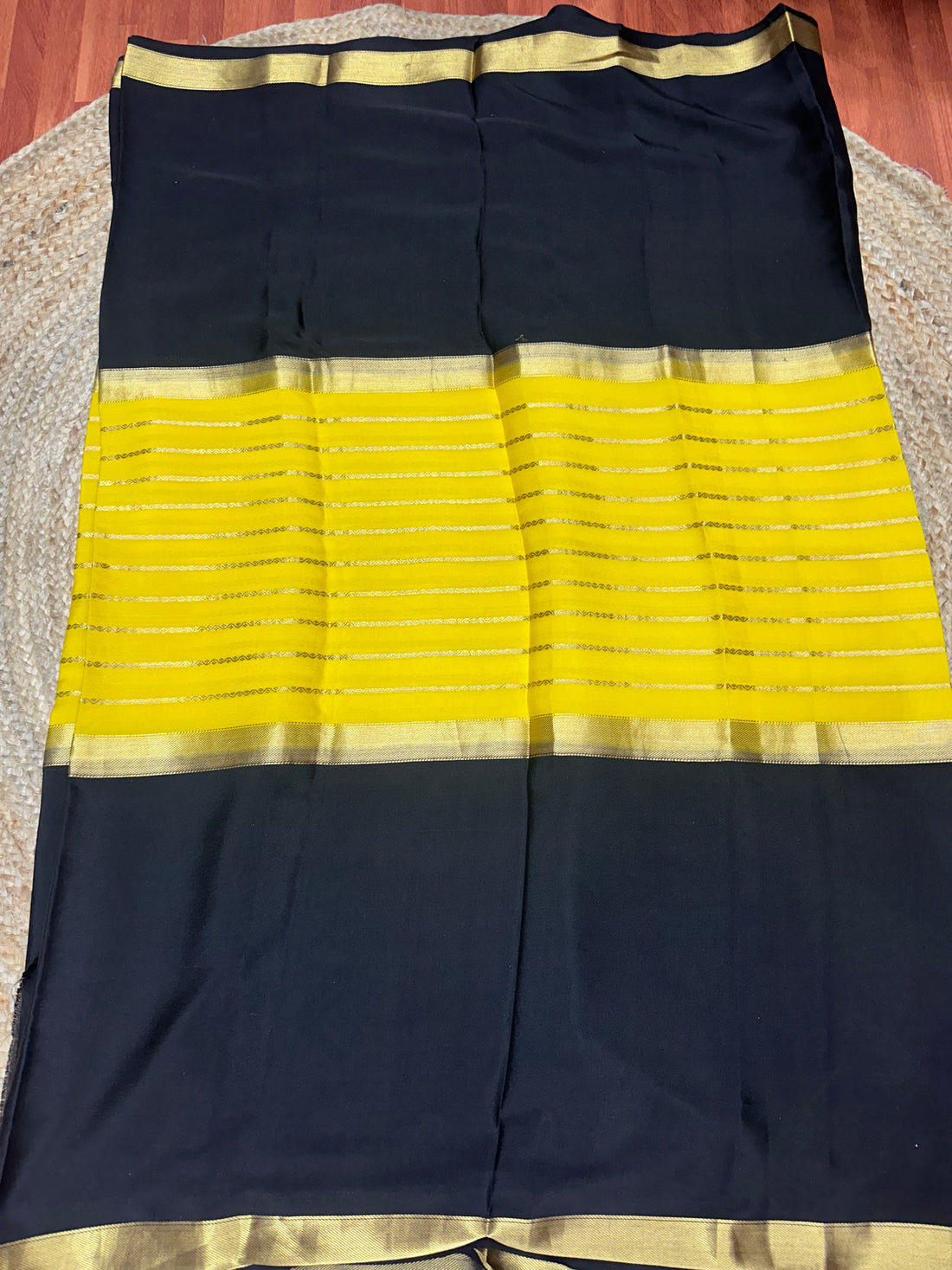 Yellow and black pure crepe Mysore Silk sarees 110 gsm