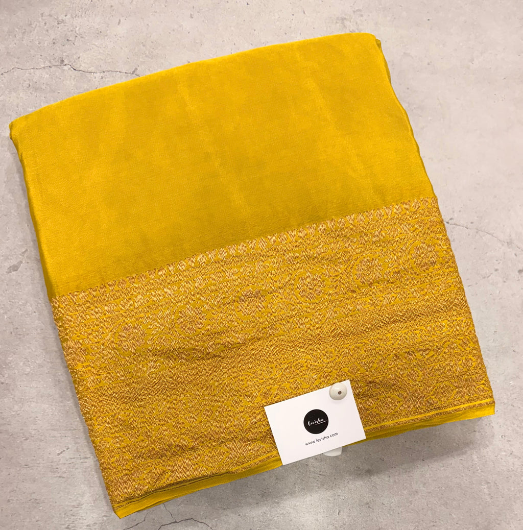 Neon yellow pure benarasi crepe silk saree