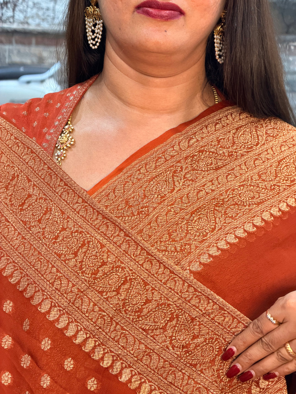 Rust orange pure khadi Georgette plain concept with butti blouse