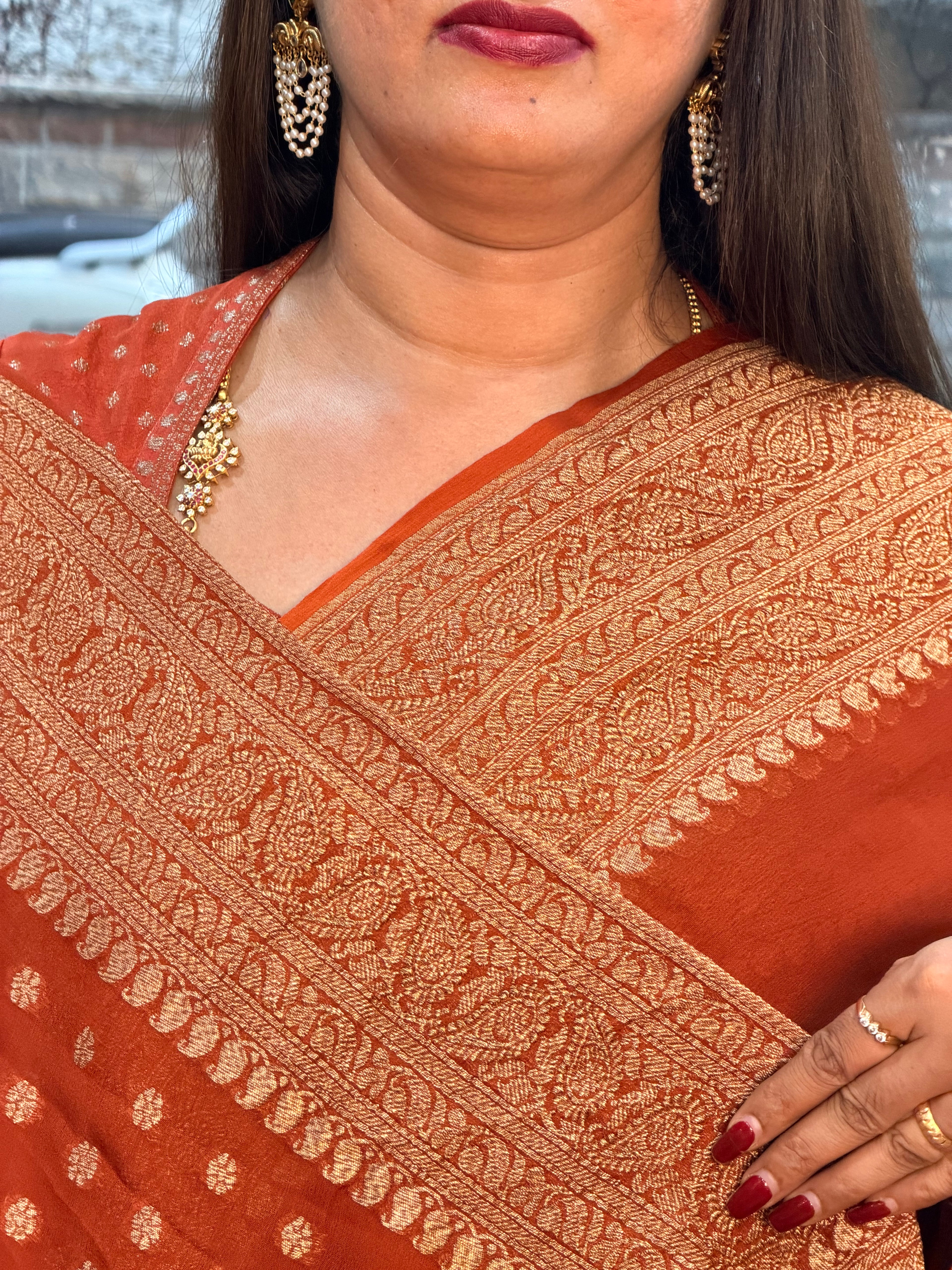 Rust orange pure khadi Georgette plain concept with butti blouse
