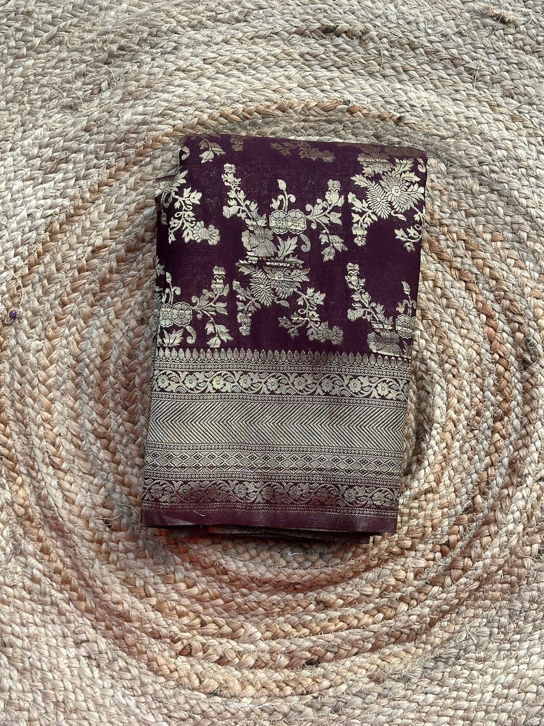 Deep coffee brown crushed georgette jaal pattern