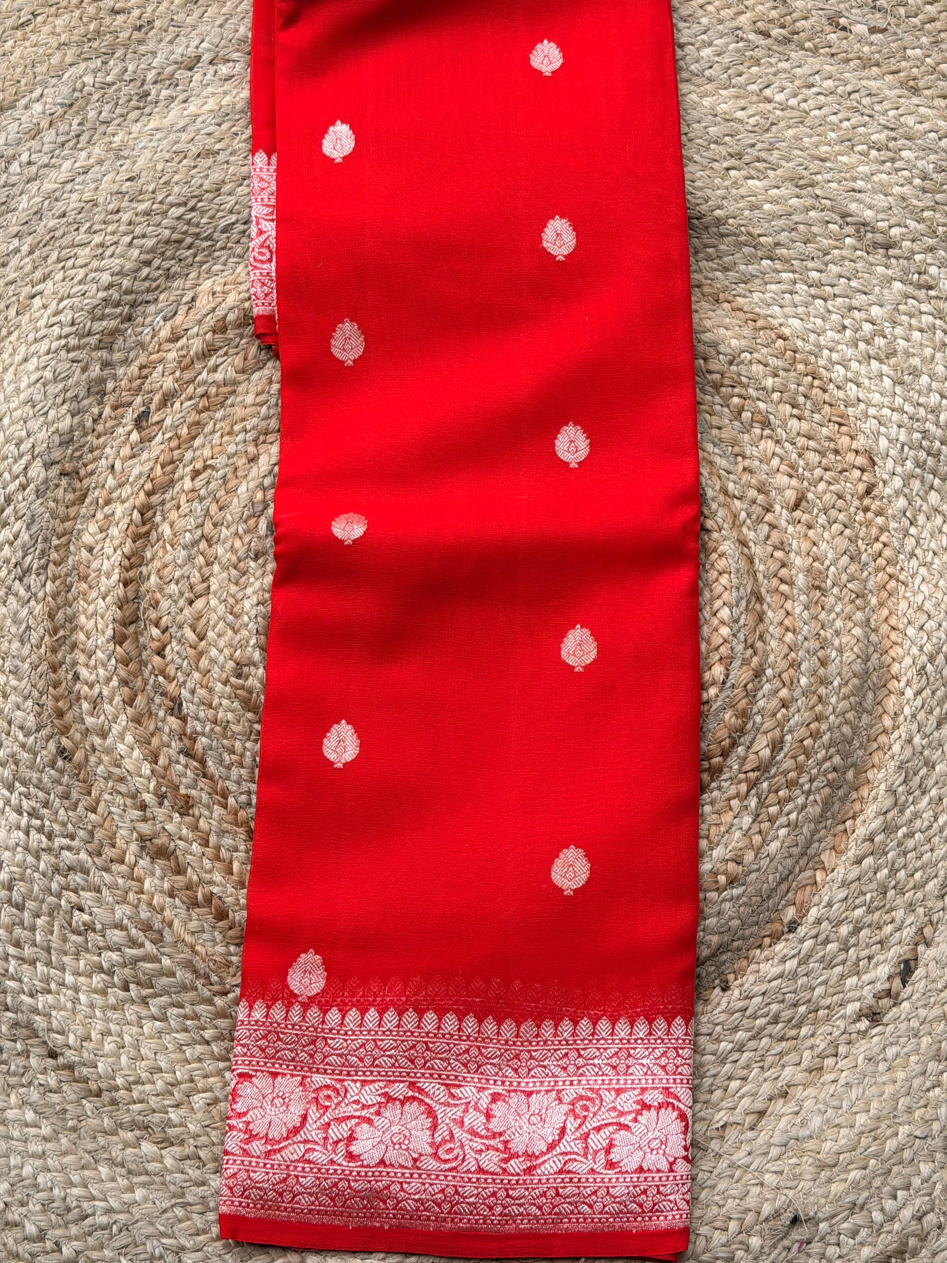 Red Banarasi pure khadi chiffon saree sliver zari woven