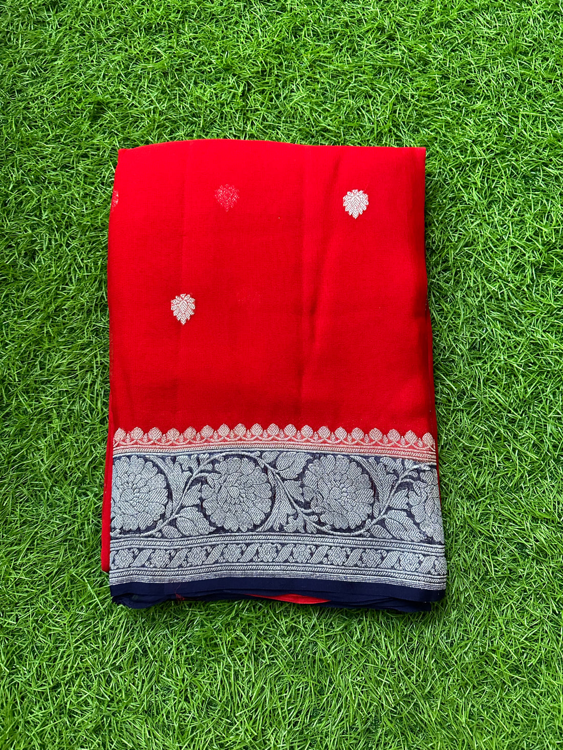 Red with purple, pure khaddi chiffon Banarasi sarees.