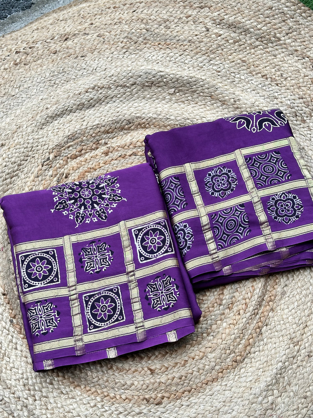Purple pure crepe modal Sarees with Ajrak blouse