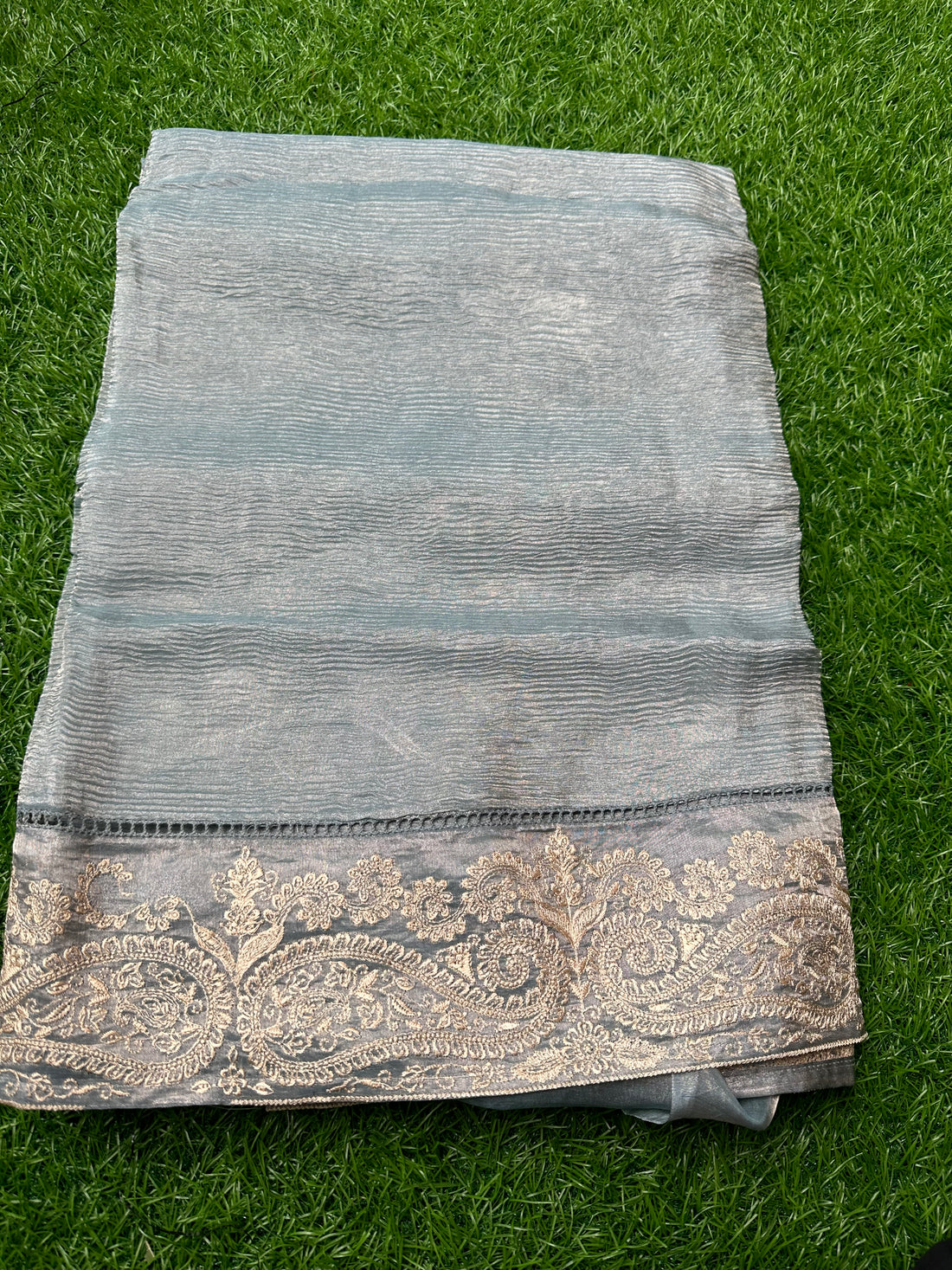 Pure tissue Banarasi sarees. Sea green colour with embroidery borders