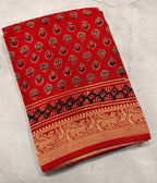 Red small butta Kanchi border pure Ajrak dola sarees